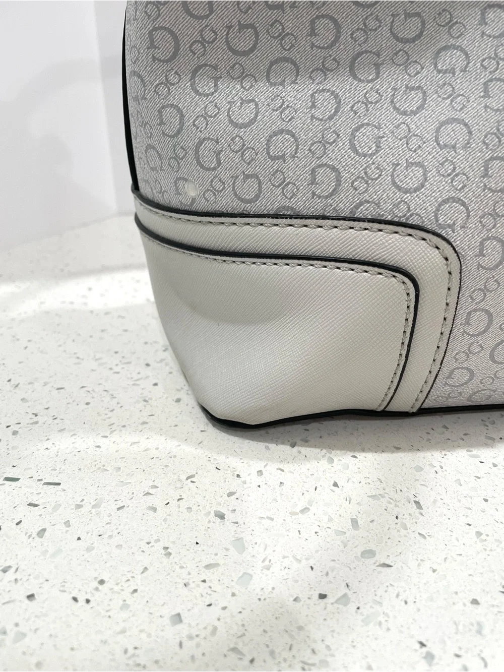 GUESS White Logo-Print Satchel with Silver Hardware